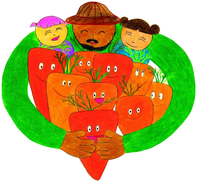 구좌 사람들이 당근을 한아름 안고 있는 그림