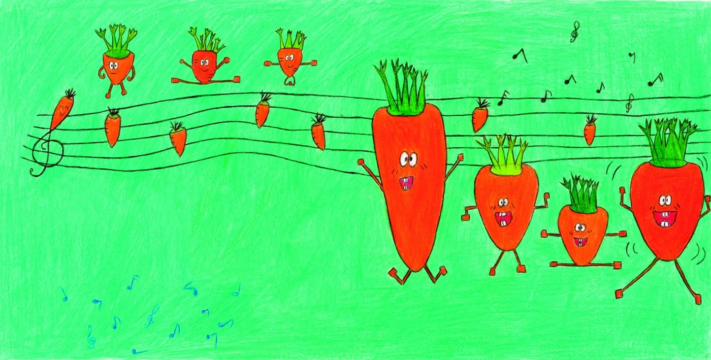 오선지 위에서 춤추고 노래하는 당근들을 그린 그림