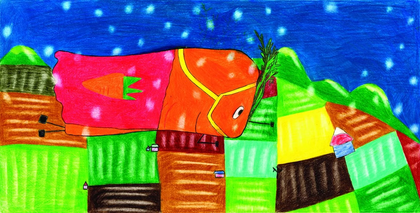 밤하늘 아래 구좌 마을과 밭을 그린 그림