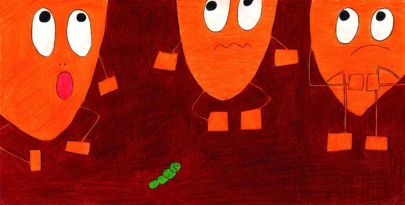 땅속에서 놀란 표정을 짓는 당근 셋을 그린 그림