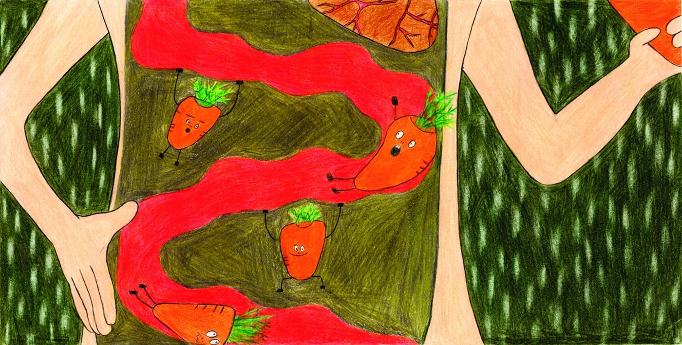 당근을 캐는 손과 밭고랑을 그린 그림