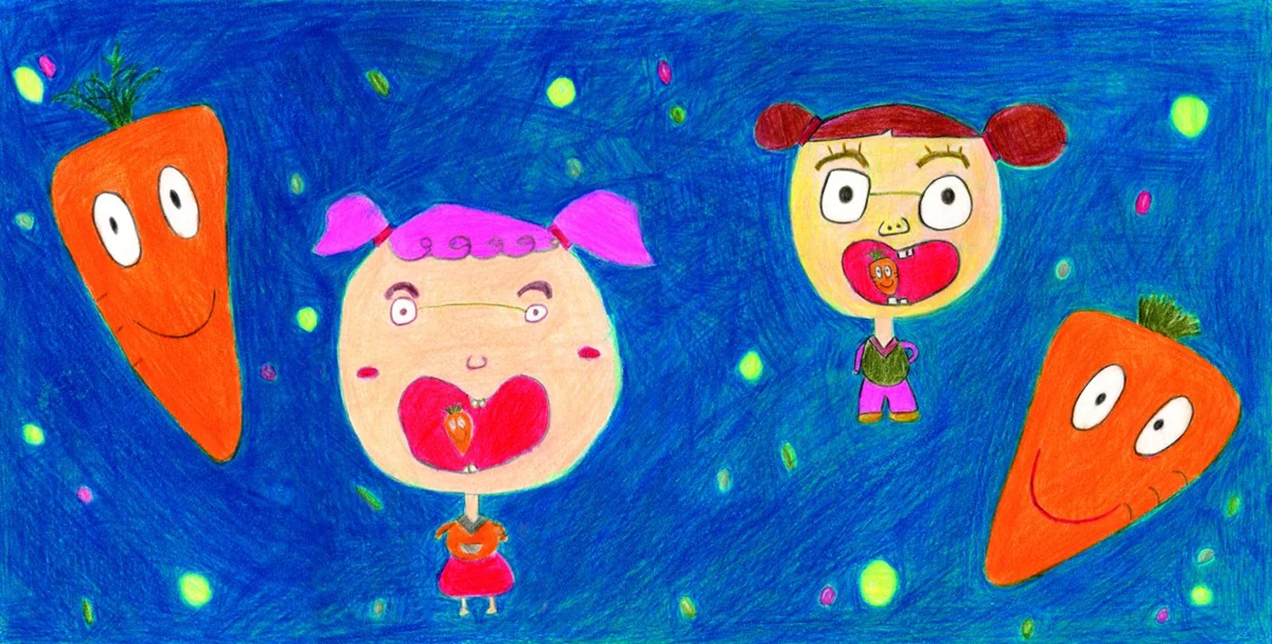 아이들과 당근 친구들이 함께 노래하는 그림