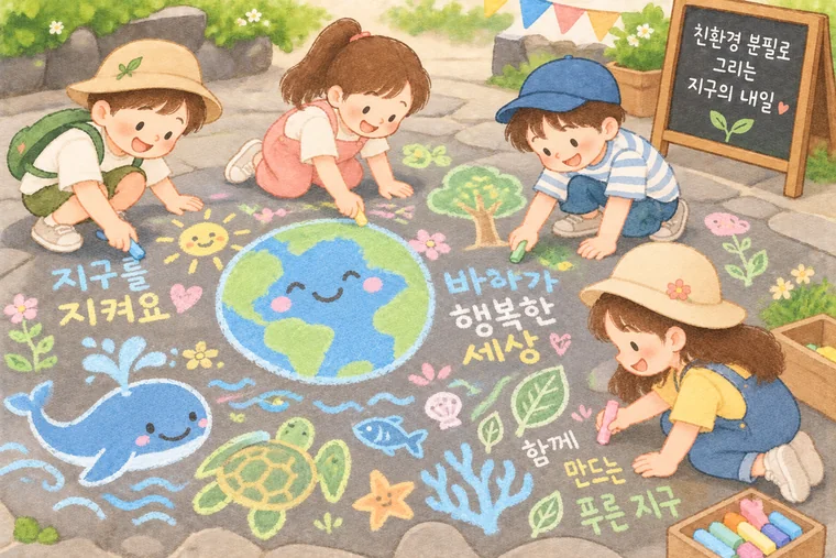 친환경 분필로 바닥에 지구와 바다를 그리는 아이들 그림